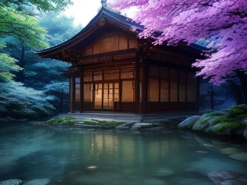传统日式庭院与现代建筑融合的场景，樱花飘落营造诗意氛围，象征扶她高h内容的美学追求